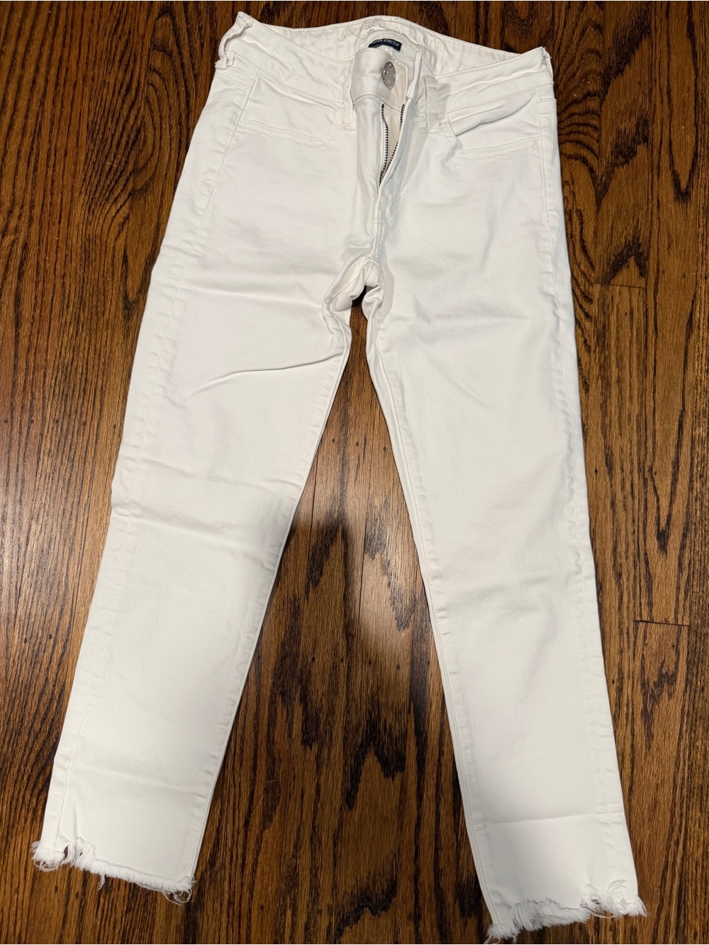 American Eagle Outfitters White Slim Stretch Chinos with Frayed Hem